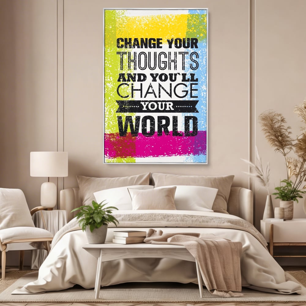 Tablou canvas cu tablou canvas cu mesaj motivational colorat, in rama de aluminiu argintiu, pe perete intr-un dormitor
